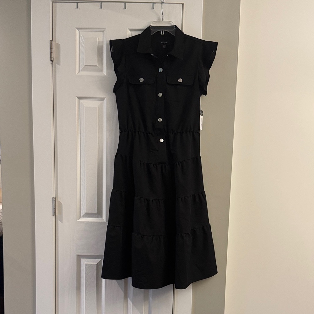 Tahari ASL Black Tiered Midi Shirt Dress